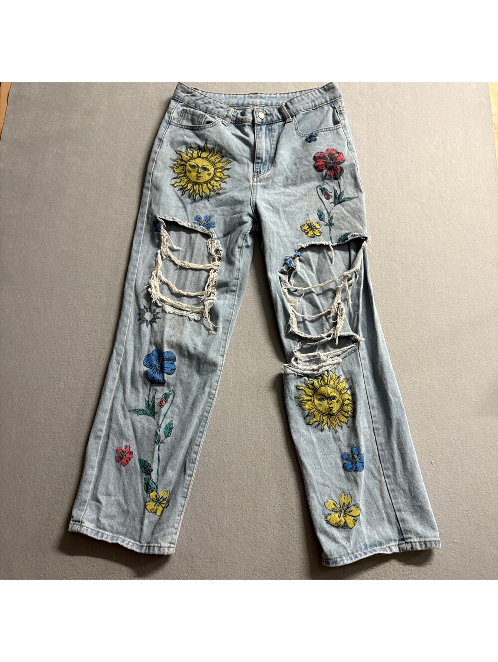 Shein Sun and Flower Graphic Distressed Jeans Womens Large Light Wash Denim
